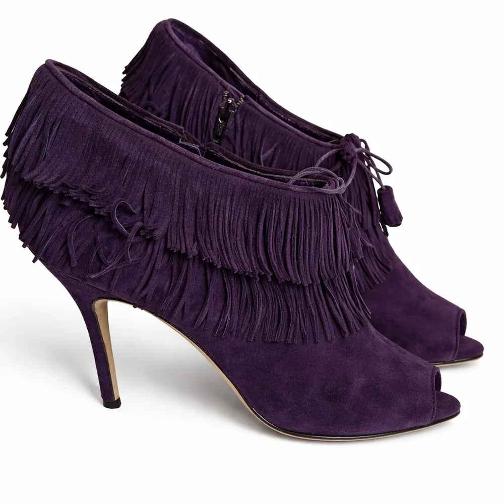 Manolo Blahnik Purple Suede Fringe Peep Toe Booties Tassel Stiletto Heels 40.5 - Picture 3 of 16